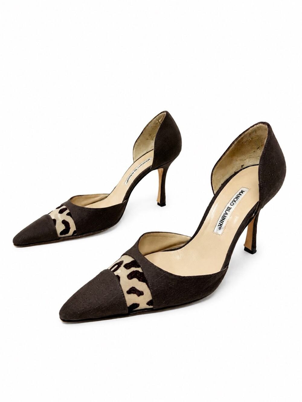 Manolo Blahnik Leopard Mesh Panel D’Orsay Pointed Toe Heels Womens Size EU 38